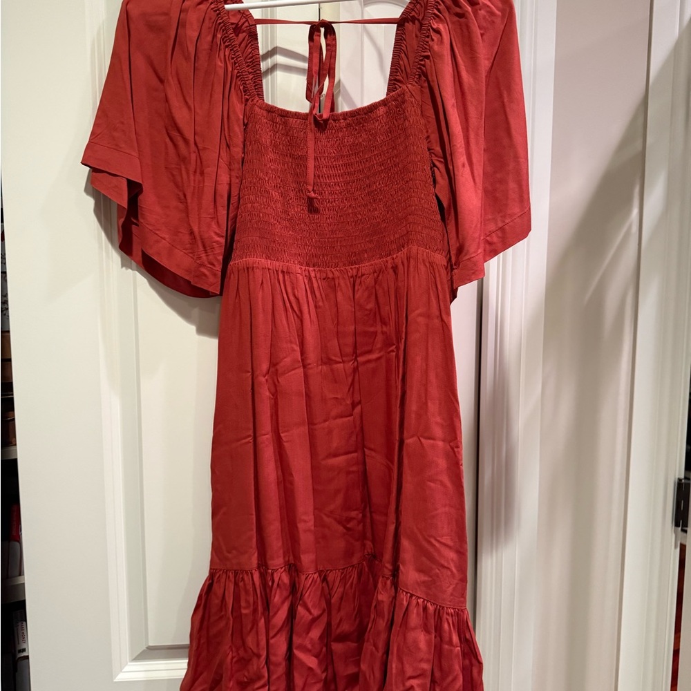 Rust Red Smocked Midi Dress